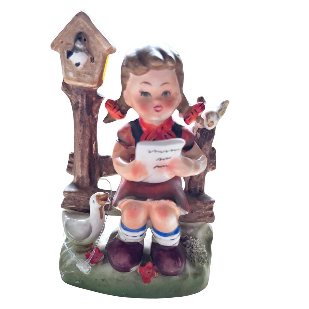 Vintage Porcelain Girl Reading Letter Figurine Birdhouse Goose Birds 5"